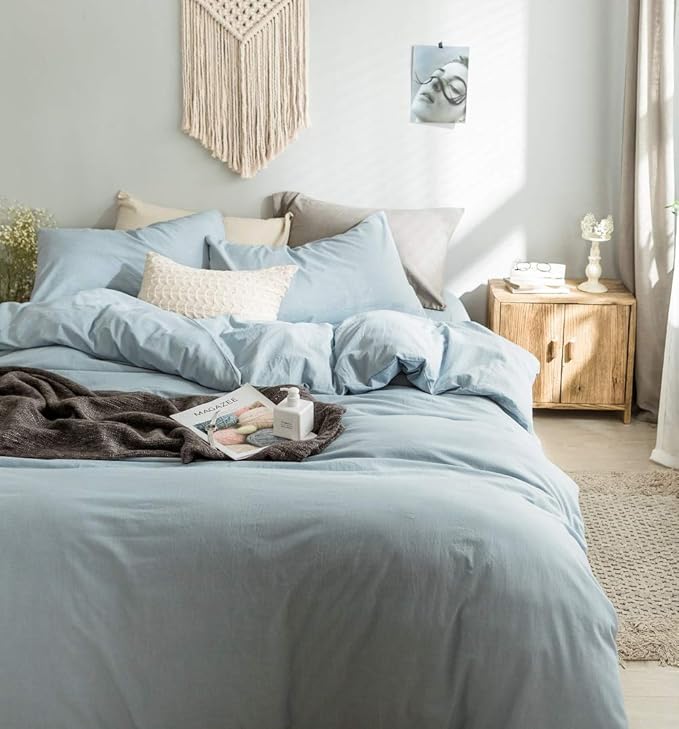 Light Blue Duvet Cover Queen, 100% Washed Cotton Linen Like Textured Solid Casual Modern Style Blue Bedding Set, with Zipper Closure, Luxury Soft Relaxed Feel Natural Wrinkled Comfy (3pcs, Queen)
