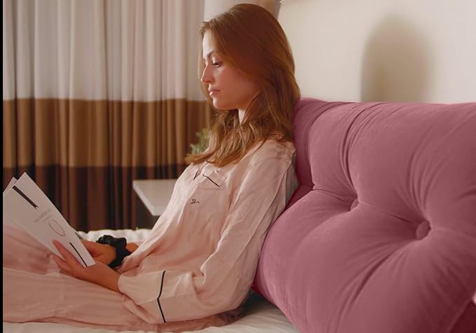 Triangular Reading Bed Rest Pillow Large Bolster Cushion Headboard Backrest Wedge Pillow with Removable Cover and Two Large Side Pockets (Pink, 47 x 8 x 20 inches)