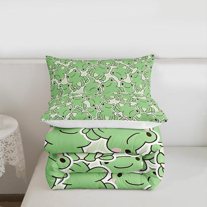 Cute Frog Comforter Set Twin,Cartoon Animals Bedding Set 2pcs for Kids Teens Boys Girls Room Decor,Summer Natural Quilt Set Green Watercolor Duvet Insert with 1 Pillowcase