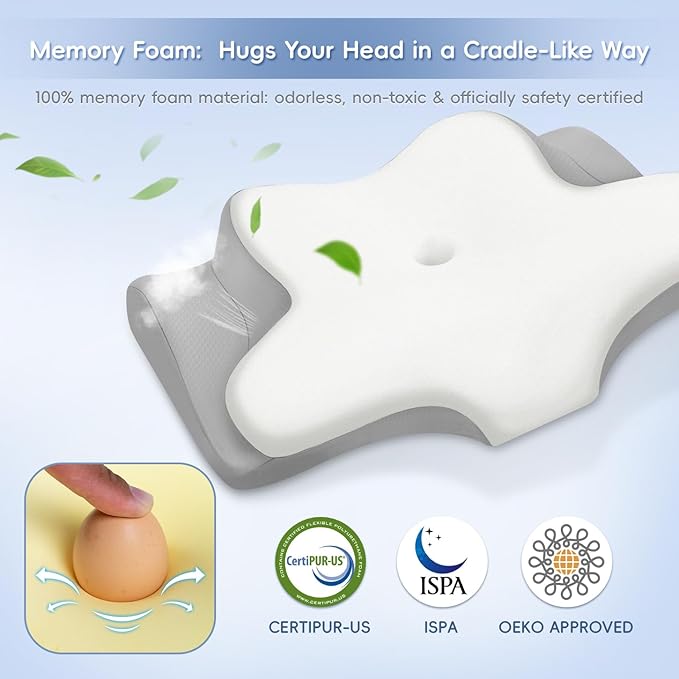 Cervical Neck Pillow, Memory Foam Pillows for Neck and Shoulder Pain Relief, 2 Heights Ergonomic Pillow with Breathable Ice Silk Cover, Neck Support Pillow for Side Back Stomach Sleepers