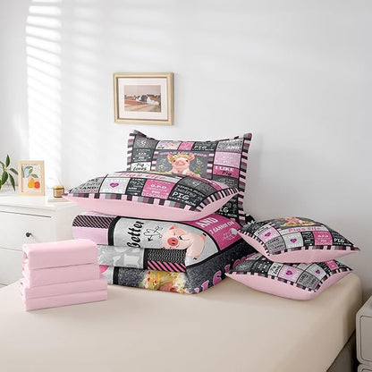 Feelyou Black Pink Pig Comforter Set with Sheets King Size Kids Cartoon Cute Pig 7 Piece Bedding Set Geometric Bed in a Bag for Women Men for Pig Lovers Bed Set