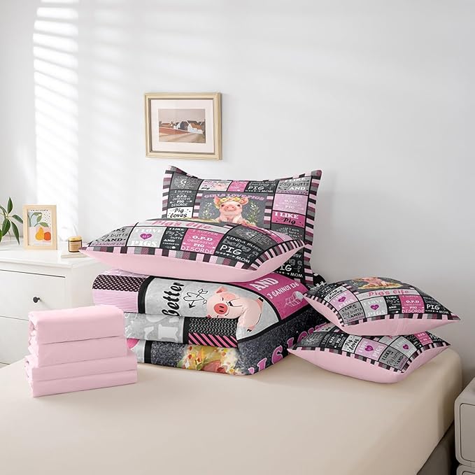 Feelyou Black Pink Pig Comforter Set with Sheets Queen Size Kids Cartoon Cute Pig 7 Piece Bedding Set Geometric Bed in a Bag for Women Men for Pig Lovers Bed Set