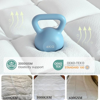 King Mattress Topper - Pillow Top Mattress Topper King, Soft Fluffy Mattress Pad for Back Pain, Extra Thick Supportive Mattress Pad, White，Oeko-TEX Certified - 2000GSM