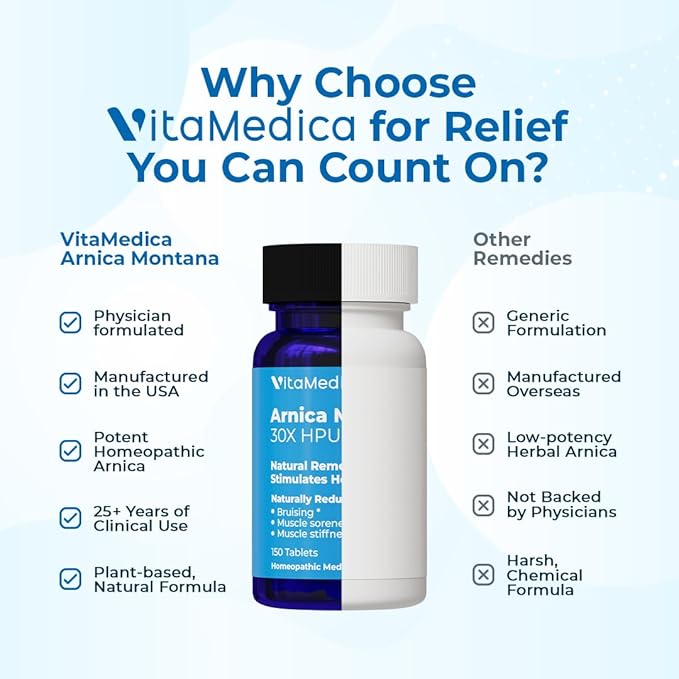 VitaMedica Arnica Montana 30X Rapid Dissolve Arnica Tablets for Natural Pain, Bruising, and Swelling Support - Homeopathic Medicine for Injury and Surgery Recovery - 150 Ct - 50 Servings