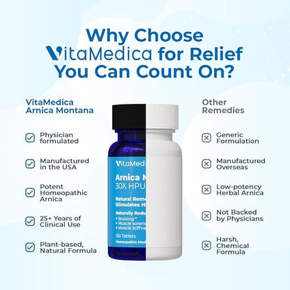 VitaMedica Arnica Montana 30X Rapid Dissolve Arnica Tablets for Natural Pain, Bruising, and Swelling Support - Homeopathic Medicine for Injury and Surgery Recovery - 150 Ct - 50 Servings
