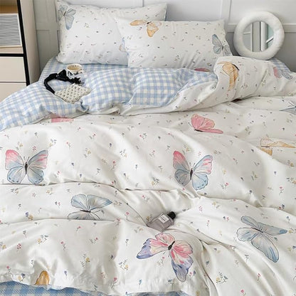 Butterfly Duvet Cover Queen Size Blue White Gingham Bedding Set 3 Pcs Kids Boys Girls Striped Spring Floral Butterflies Comforter Cover with Zipper Closure & Corner Ties