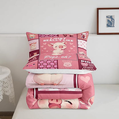 Castle Fairy Pink Pigs Comforter Set Queen Size,Cute Pig Pattern Bedding Set for Kids Boys Girls Bedroom Decoration,Animals Grid Printing Bed Duvet Insert,Lovely Pink Comforter with 2 Pillowcase