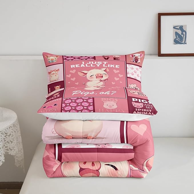 Castle Fairy Kawaii Pigs Comforter Set,Pink Animals Bedding Set for Kids Girls Women,Adults Pig Grid Comforter,Pink Pigs Quilted Duvet Set Bedroom Collection Twin Size 2Pcs