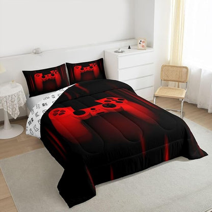 Feelyou Boys Gamer Comforter Set Queen Size Gaming Bedding Set Kids Video Games Comforter for Teen Child Gamer Room Decor Super Soft Red Black Bed Microfiber Game Geometric Duvet Quilted Boy Gift