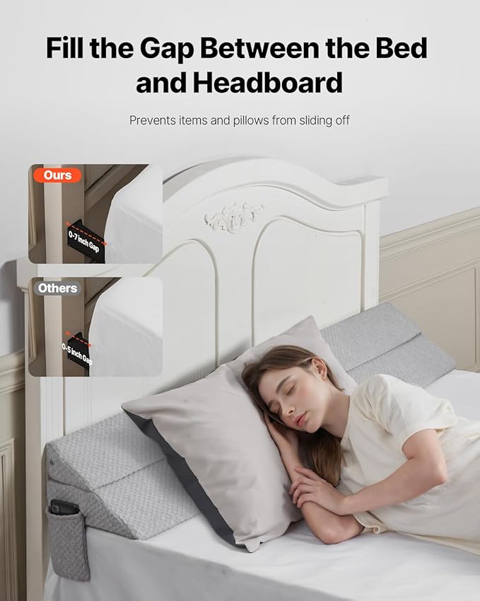 VEVOR Bed Wedge Pillow for Headboard, King Size, 76"x10"x6" Bed Gap Filler, Fill 0-7" Gap Between Headboard and Mattress, 25D Foam Mattress Wedge Headboard Pillow with Side Pocket, for Backrest, Gray