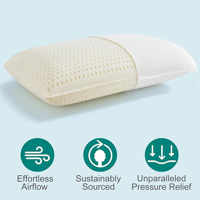 Talalay Latex Pillow, Medium Soft Latex Foam Pillow for Sleeping, Queen Size Bed Pillow for Back with Removable Cotton Inner Cover, Side and Stomach Sleepers, Helps Relieve Shoulder and Neck Pain