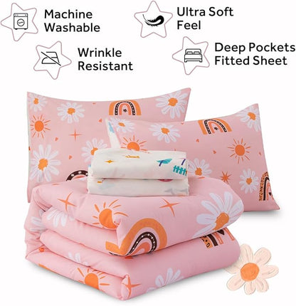 Holawakaka Boho Rainbow Daisy Full Comforter Set with Sheets, 5-Piece Bohemian Sun Flower Bedding Set for Girls & Women - Super Soft Microfiber Kids Teen-Girls Orange Reversible Bed-in-a-Bag