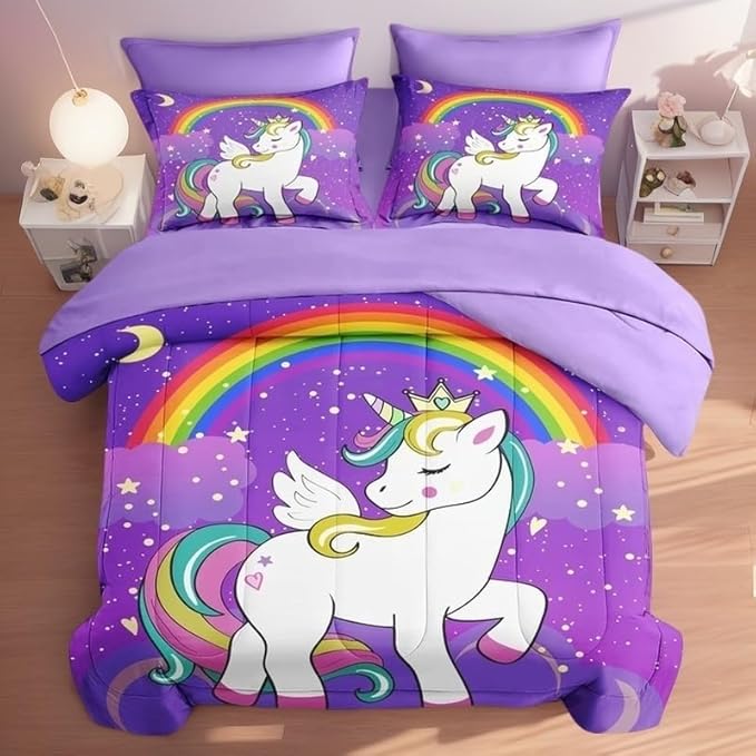 Full Size Comforter Set with 2 Pillowcases & 2 Shams, Cute Unicorn Purple Space 7 Pcs Bedding for Kids and Teens, Animal Rainbow Horse Bed in a Bag with Flat Fitted Sheet
