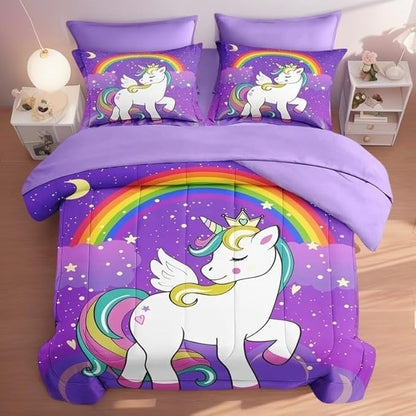Full Size Comforter Set with 2 Pillowcases & 2 Shams, Cute Unicorn Purple Space 7 Pcs Bedding for Kids and Teens, Animal Rainbow Horse Bed in a Bag with Flat Fitted Sheet