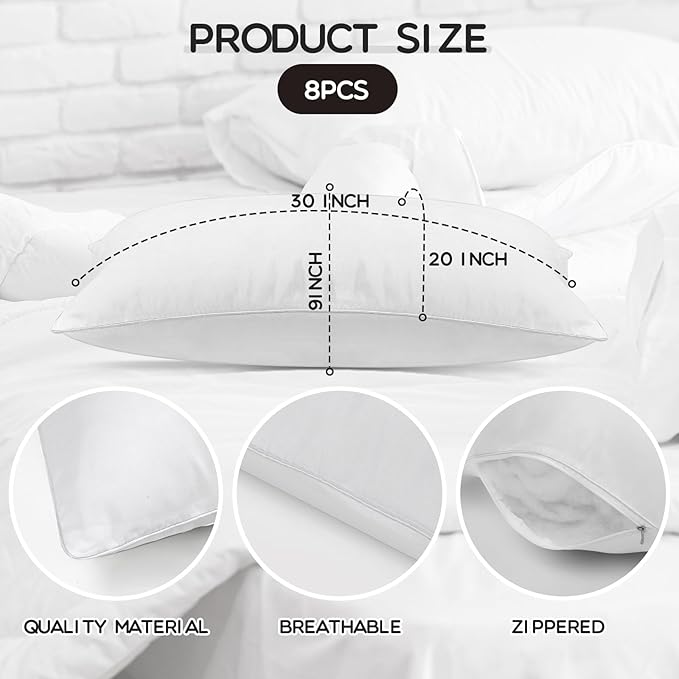 Macarrie 8 Pcs Queen Size Pillows for Sleeping Standard Size Bed Hotel Pillows Bulk for Stomach, Back and Side Sleepers Machine Washable (30 x 20 Inches)