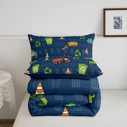 Erosebridal Kids Bedding Toddler Size Garbage Truck Comforter Set, Cartoon Car Vehicles Bedding Comforter Sets for Boys Girls Trash Waste Management Vehicle Duvet Set Refuse Classification Quilt 2Pcs