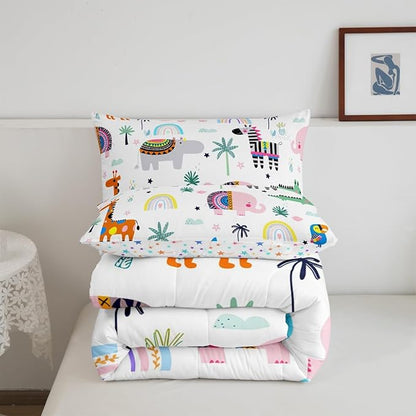 Feelyou Kids Zoo Animal Comforter Queen for Kids Boys Girls Cute Boho Animals Bedding Set Cartoon Elephant Comforter Set Wild Animals Duvet Set with 2 Pillow Case
