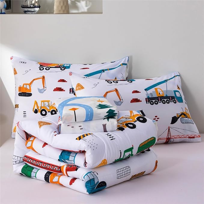 NTBED 5 Pieces Construction Truck Full Comforter Set for Boys Kids Building Vehicles Excavator Lightweight Microfiber Bedding Sets