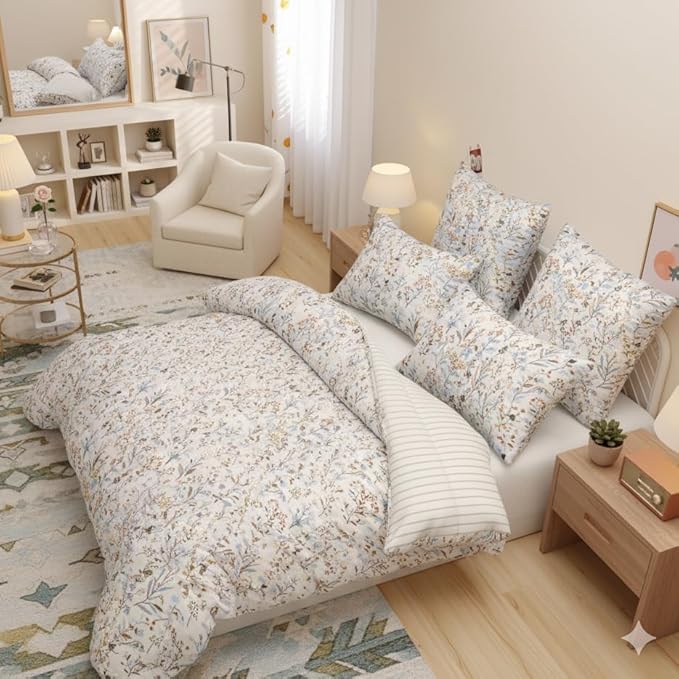 Floral Duvet Cover Queen Size Beige Striped Bedding Set with Purple Flowers 3 Pieces Kids Boys Girls Botanical Garden Style Stripe Reversible Fall Soft Microfiber Duvet Cover Set