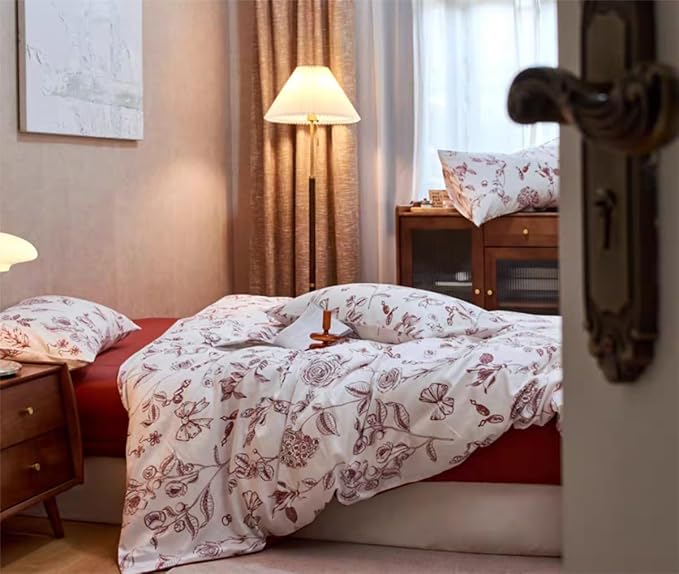 Floral Duvet Cover Queen Size Bow Red Flower Bedding Set 3 Pieces Girls Women Men Botanical Vintage Floral Duvet Cover with 2 Pillowcases