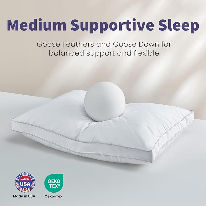 Dreamhood Luxury Goose Feather Down Pillow Queen Size Set of 2 - Made in USA Gusseted Hotel Bed Pillows with Premium 500 TC Cotton, Medium Firm Feather Down Pillow for Back