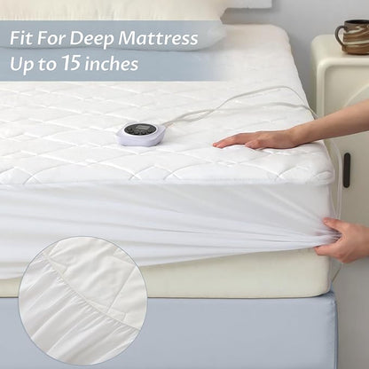 Queen Size Electric Heated Mattress Pad - Quilted Bed Warmer with Memory & Preheat Functions, 12 Heat Settings Dual Control for 1-12 Hours Auto Off, Lighted Button