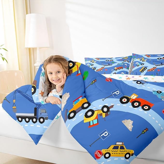 Feelyou Construction Comforter Set Toddler Size Equipment Trucks Bedding Set for Kids Boys Girls Excavator Tractor Duvet Quilt Construction Vehicles Bedroom Decor Yellow Red2 Pcs with 1 Pillow Cases