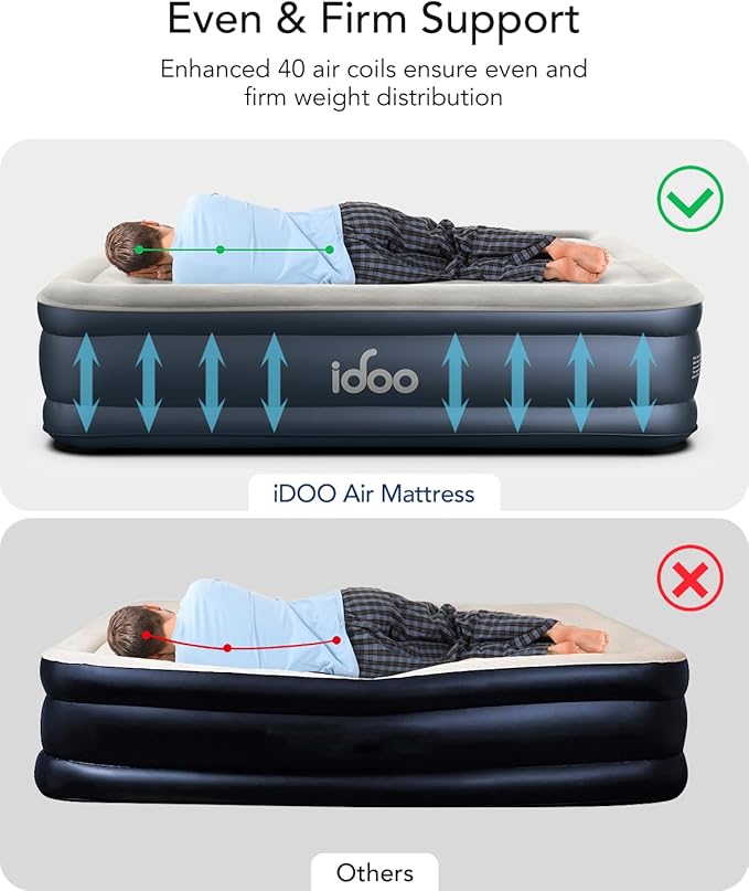 iDOO Queen Air Mattress with Built in Pump, 18 Raised Comfort Inflatable Blow up Mattress, Upgraded Four Chamber Portable Air Bed for Camping, Guests and Home, Colchon Inflable, 650 lbs Max