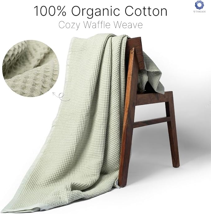 GOTS Certified Organic Cotton Waffle Weave Blanket, King Bed Size,108"X90" Cozy Throw Blanket for Couch, Modern Home Decor, Throw Blankets,Comfy Waffle Blanket Soft Bed Blankets -Sea Foam
