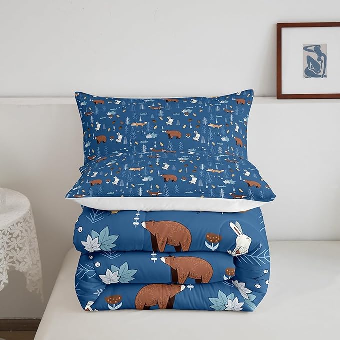 Bear Bedding Set Full Size,Navy Cartoon Animals Comforter Set Kids Cute Fox Rabbit Quilt Set 3Pcs for Girls Boys Bedroom Decor,Pine Tree Jungle Adventure Style Duvet Insert,2 Pillowcases