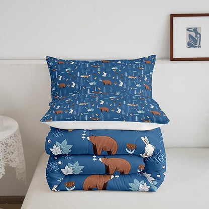 Bear Comforter Set King Size,Navy Cartoon Animals Bedding Set Kids Cute Fox Rabbit Quilt Set 3Pcs for Girls Boys Bedroom Decor,Pine Tree Jungle Adventure Style Duvet Insert,2 Pillowcases