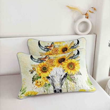 AILONEN Bull Skull Quilt Set Queen Size,Yellow Sunflower Bedspread Coverlet with 2 Pillowcases,3-Piece Soft Lightweight Boho Bed Cover