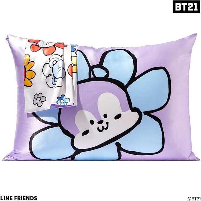 Kitsch x BT21 Satin Pillowcase with Zipper – Better Than Silk Pillowcase, Mang Character & Funky Floral Print – Soft Cooling Toddler Bed Time Pillow Case for Hair & Skin – Queen/Standard 19x26