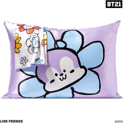 Kitsch x BT21 Satin Pillowcase with Zipper – Better Than Silk Pillowcase, Mang Character & Funky Floral Print – Soft Cooling Toddler Bed Time Pillow Case for Hair & Skin – Queen/Standard 19x26