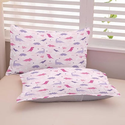 Dinosaur Comforter Set for Kids, Girls & Teens - Queen Size, Cute Pink & Purple Dino Bedding with 1 Comforter & 2 Pillowcases, Kawaii Animals Dinosaur Bedroom Decor