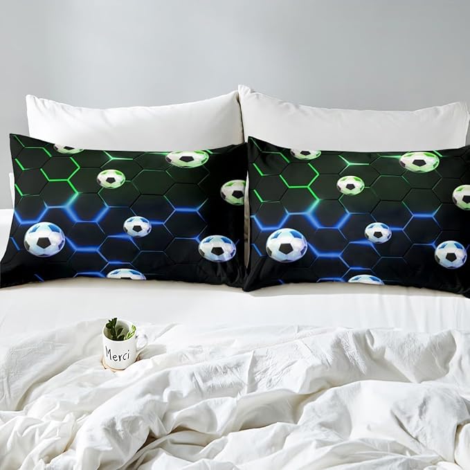 Sports Football Duvet Cover Set King Size,Green and Blue Honeycomb Hexagon Comforter Cover with 2 Pillowcases,Geometric Theme Bedding Set for Adult Young Soft Microfiber Bedspread