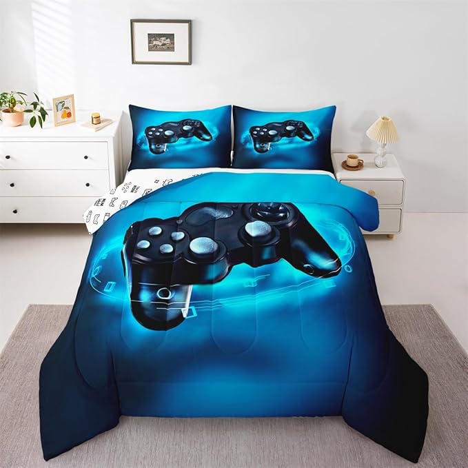 Feelyou Gamer Comforter Sets for Boys Twin Bedding Set for Boys Kids Gaming Comforter Gamer Room Decor Blue Video Game Bed Set Teens Bedroom Gamepad Duvet Set All Season 1 Comforter with 1 Pillow Case
