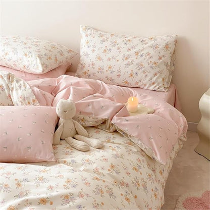 Pink Purple Floral Duvet Cover Queen Size Botanical Romantic Flower Bedding Set Kids Boys Girls Spring Aesthetic Garden Style Reversible Soft Breathable Comforter Cover 3Pcs