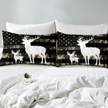 Camo American Flag Duvet Cover Twin Size, Green Deer Animal Family Trees Silhouette Natural Bedding Comforter with 1 Pillowcase, 2pcs USA Flag Camouflage Bedding Set for Kids Boys Room