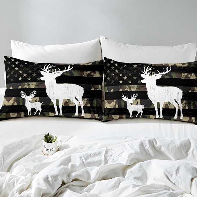 Camo American Flag Duvet Cover Queen Size, Brown Deer and Trees Silhouette Natural Style Bedding Comforter with 2 Pillowcases, 3pcs National Flag Camouflage Bedding Set for Children Adult
