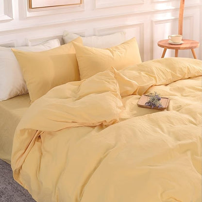 NEXHOME PRO Duvet Cover Set 100% Washed Cotton California Kingn 104"x98", Organic Natural Linen Look Textured 3 Pieces Bedding Set Apricot Yellow with Zipper Closure, Breathable Soft(No Comforter)