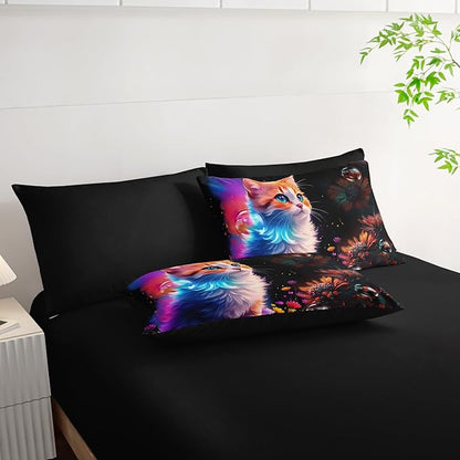 Cartoon Kawaii Cat Comforter 7Pcs 3D Animal Flower Toddler Bedding Set Cat Lovers Animal Bubble Quilt Bed Set for Kid Girl Boy Teen Adult Twin with 2 Sheets,2 Pillowcases,2 Throw Pillow Covers