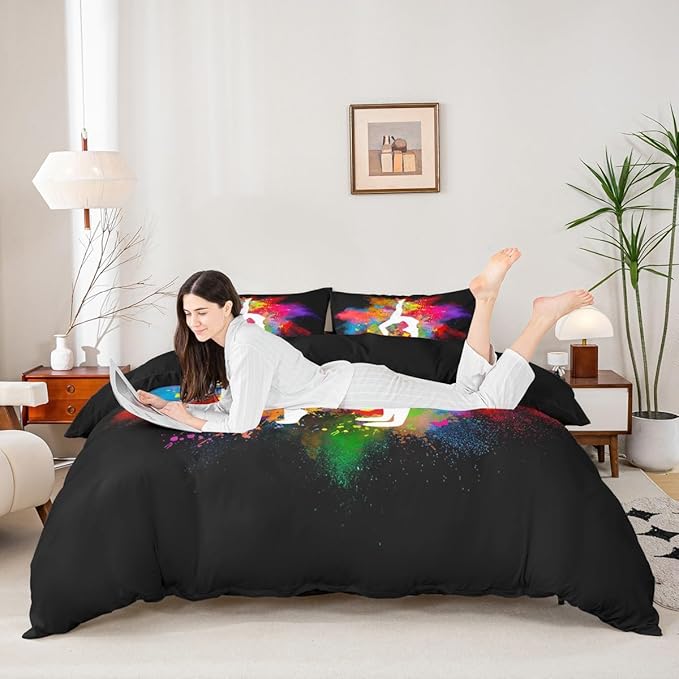 Gymnastics Dance Bedding Set Queen Size,Rainbow Watercolor Tie Dye Duvet Cover for Girls Kids Woman Room Decor,Cheerleading Comforter Cover Yoga Lover Quilt Cover 3pcs with 2 Pillowcases,Black
