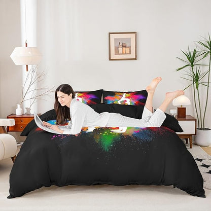 Gymnastics Dance Bedding Set Queen Size,Rainbow Watercolor Tie Dye Duvet Cover for Girls Kids Woman Room Decor,Cheerleading Comforter Cover Yoga Lover Quilt Cover 3pcs with 2 Pillowcases,Black