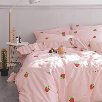 AOJIM Strawberry Kids and Adults Duvet Cover Queen Size, 100% Cotton Pink Anime Bedding Comforter Cover Set 3pcs with Zipper Closure, 1 Cute Soft Quilt Cover and 2 Pillowcases for Room Decor, No Duvet