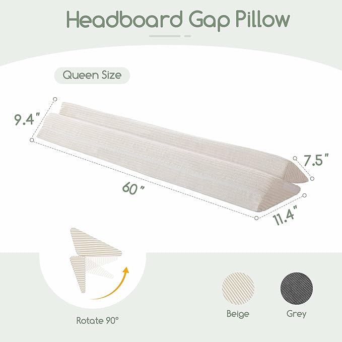 HIGOGOGO Queen Size Wedge Pillow for Headboard Gap - Multi Functional Mattress Wedge Bed Gap Filler Close The Gap (0-7") Between Your Mattress and Headboard or Wall (Beige 60"x11"x9")