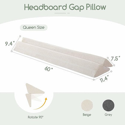 HIGOGOGO Queen Size Wedge Pillow for Headboard Gap - Multi Functional Mattress Wedge Bed Gap Filler Close The Gap (0-7") Between Your Mattress and Headboard or Wall (Beige 60"x11"x9")