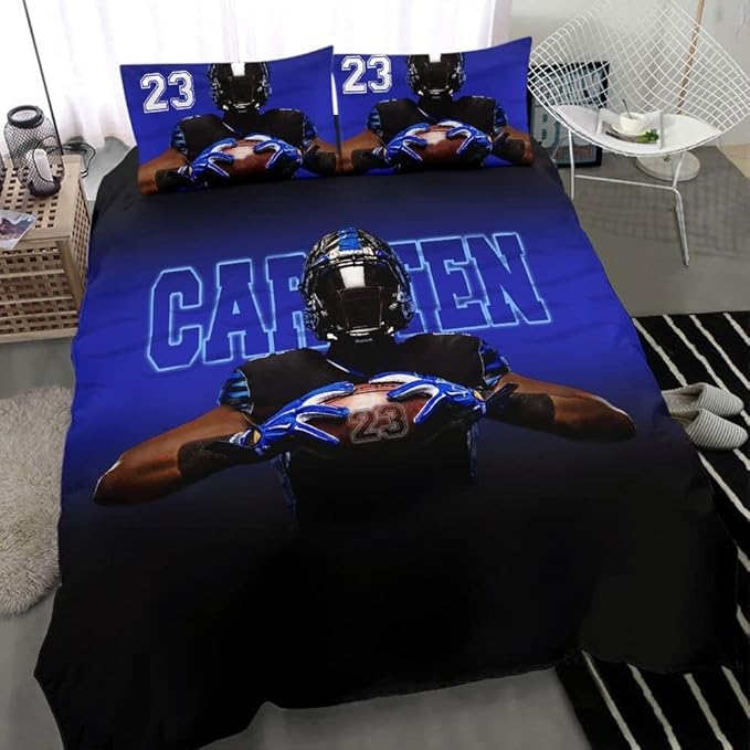 Personalized American Football Bedding Set, Kids 3 Piece Duvet Cover Set with Pillow Shams for Teens Boys, NO Comforter, Twin Size for Rugby Lovers (Football 16)