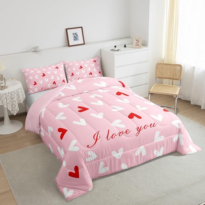 Feelyou Heart Comforter Set King Size Comforter for Boys Girls Teens Cute Bedding Set Kawaii Duvet Set Room Decor Pink Quilt Set