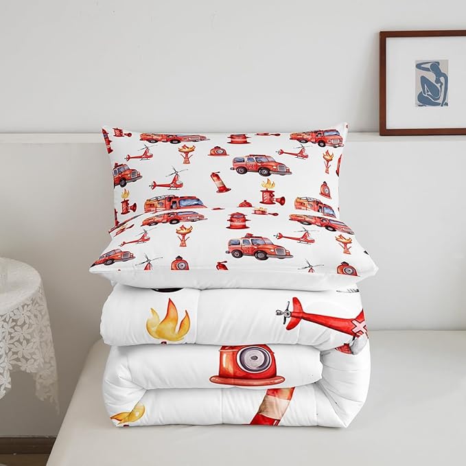 Fire Truck Red Comforter King for Kids Toddler Boys - Firefighter Supplies Pattern Bedding With Scaling Ladder, Extinguisher, Helicopter, Hydrant Print - Fire Theme Decor Duvet Set